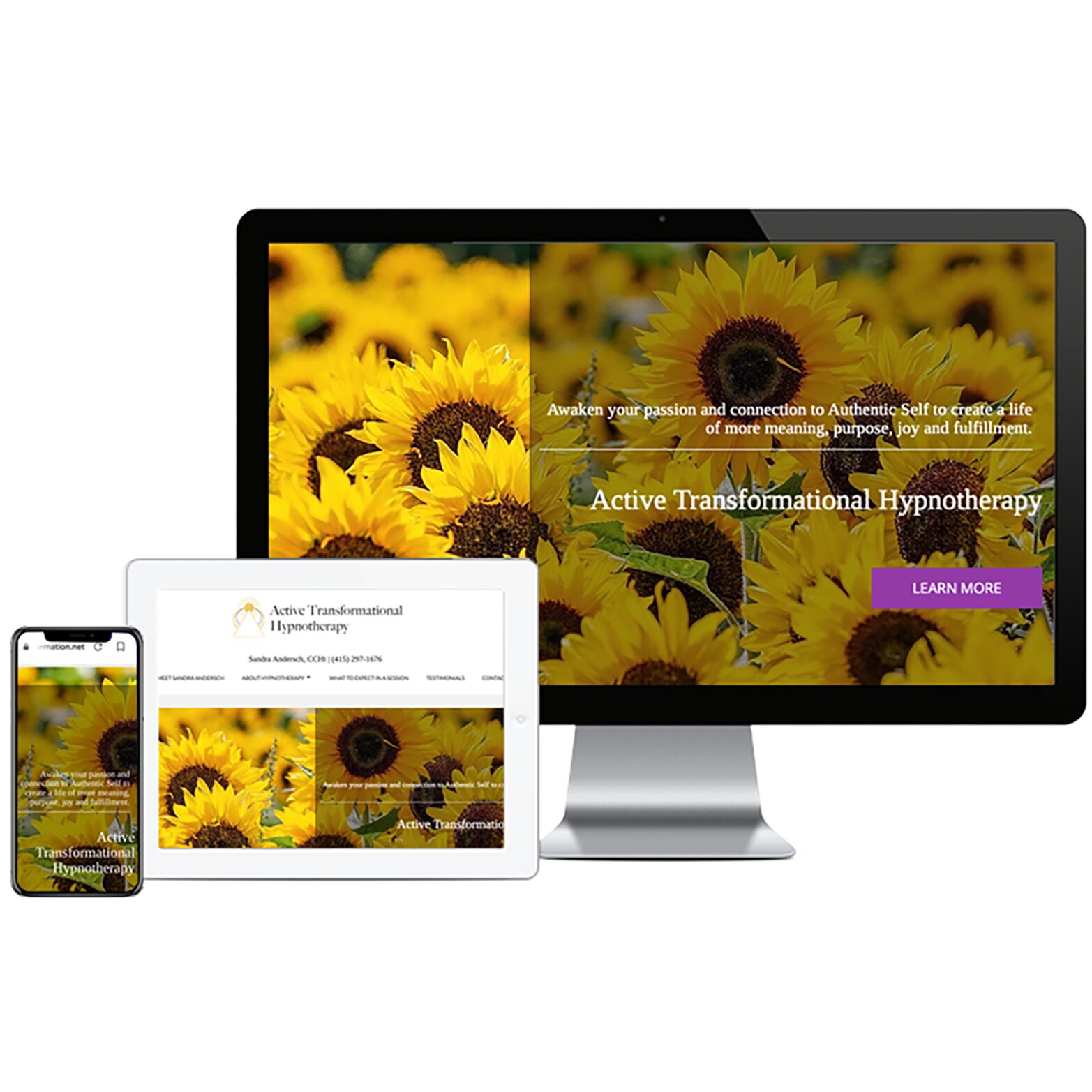 Website on a desktop monitor, tablet and mobile phone.
