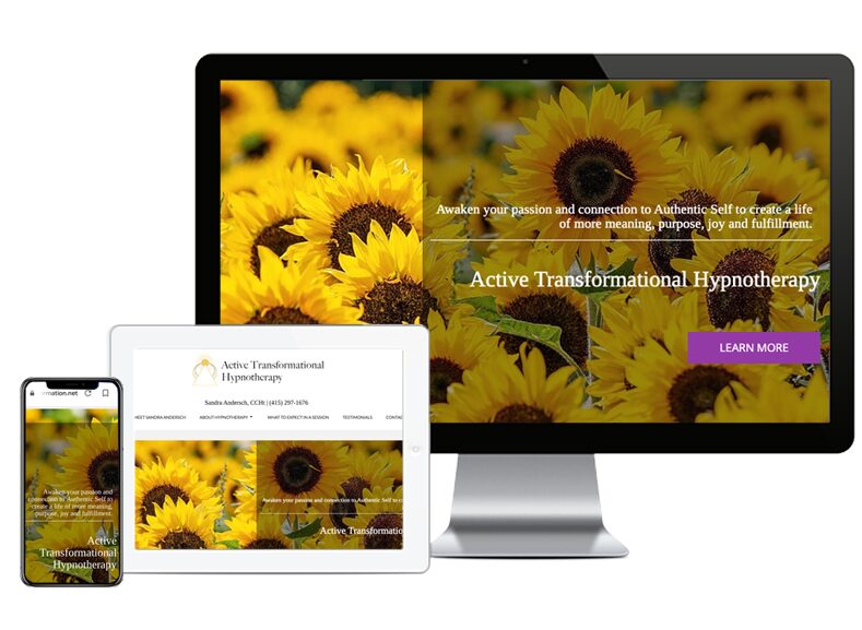 Active-transformation Hypnotherapy website on a monitor, tablet and mobile.